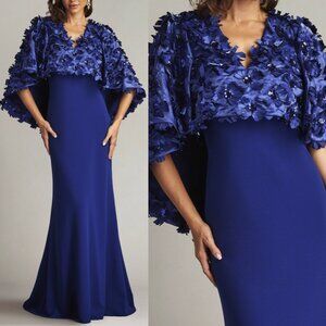 NWT Tadashi Shoji SATIN FLOWER OVERLAY GOWN DRESS Night Blue Size 2 CCE23425L